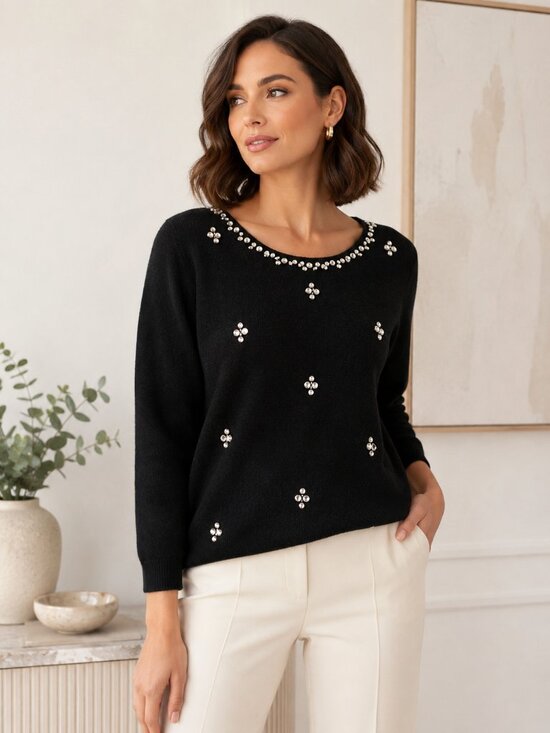 Ruby Rd. Sweaters - Ruby Rd Black Embellished Knit Top | Petite M